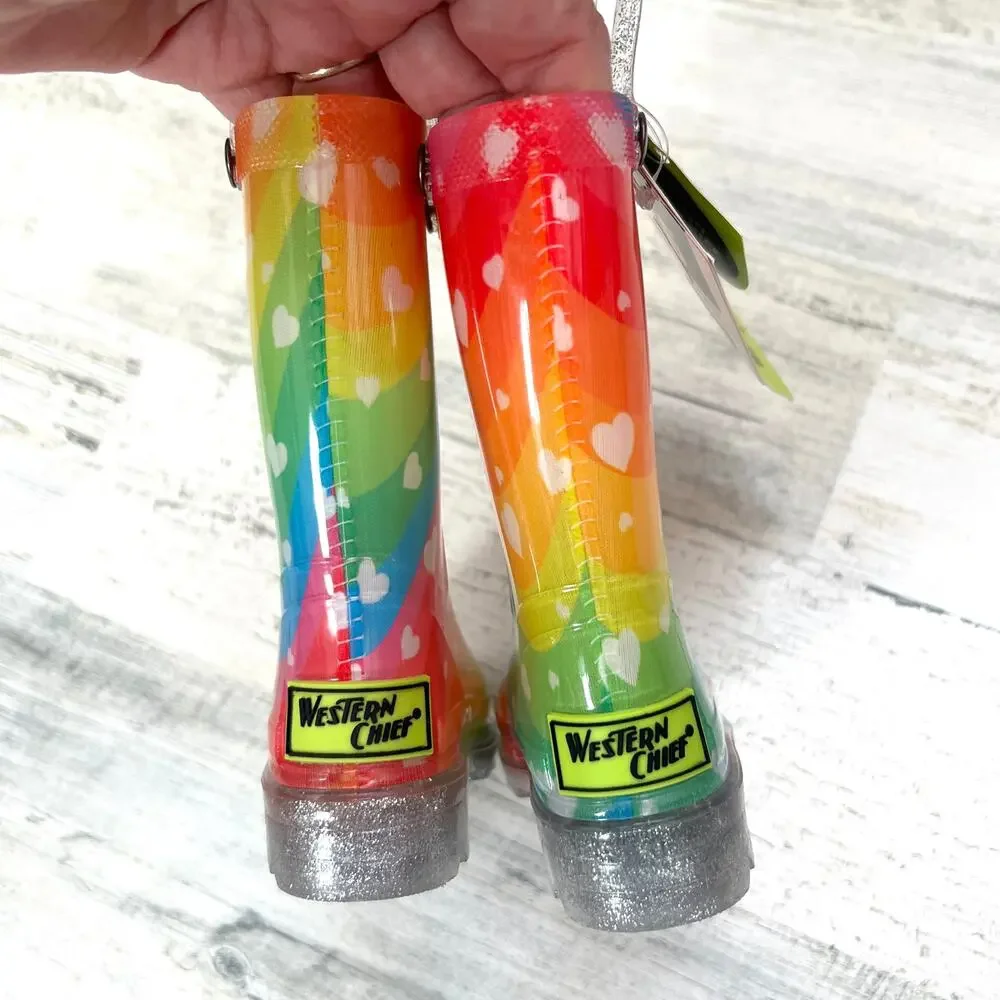 Western Chief Rain Boots Toddler Girls Size 5 Rainbow Heart Waves Light Up